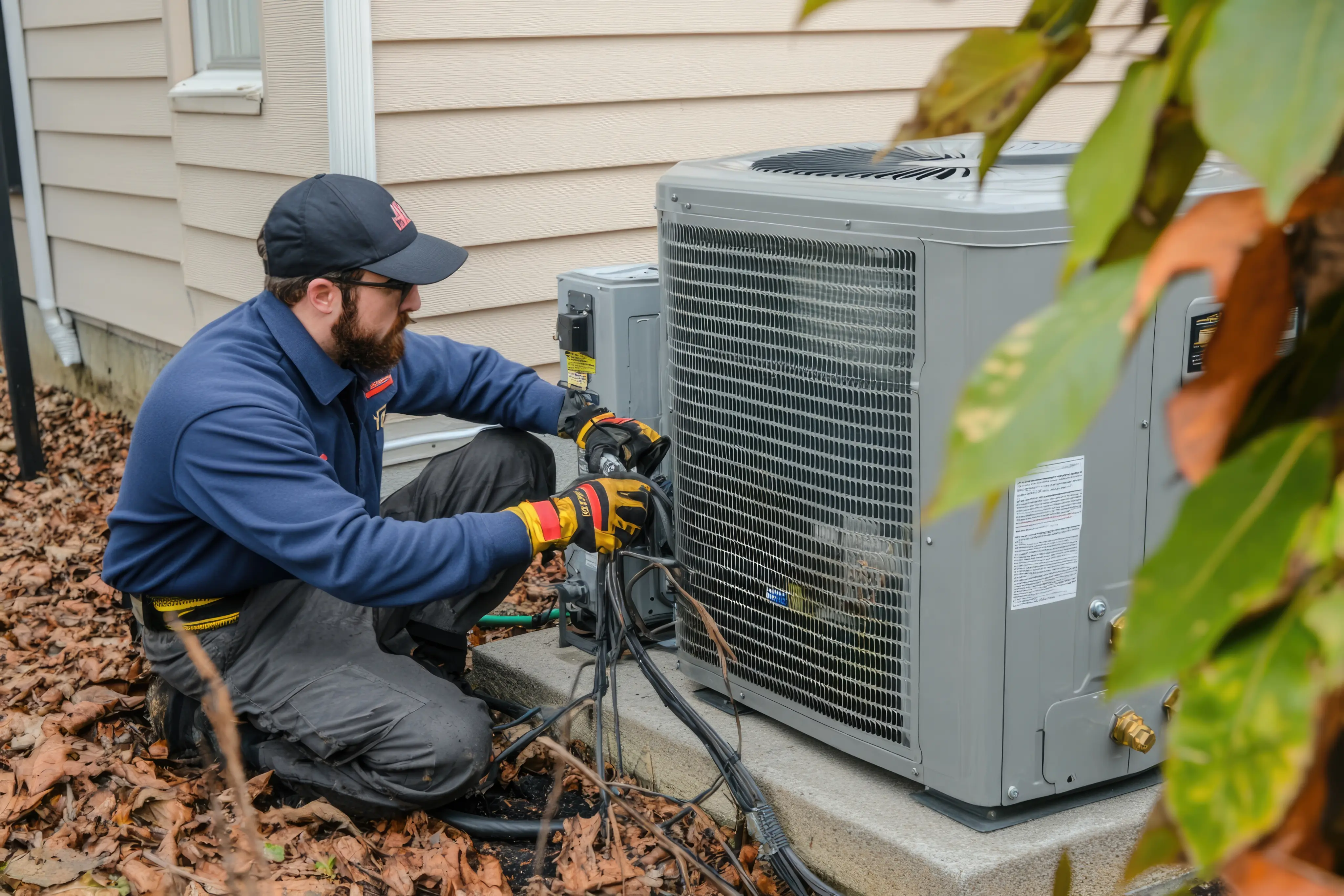 Technician working on the wiring at the base of a residential air conditioning condenser