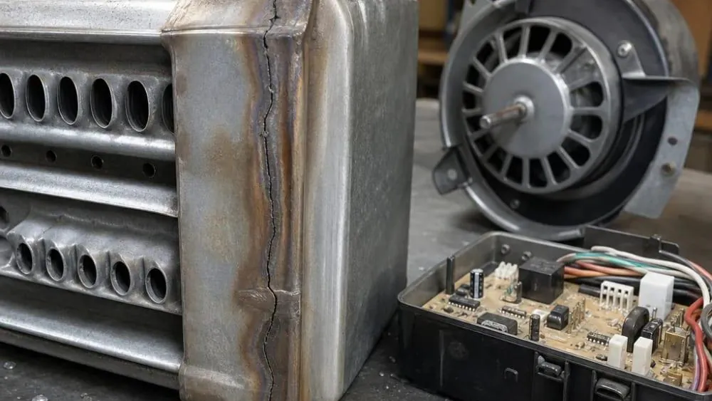 Cracked furnace heat exchanger on a workbench beside a blower motor and an open control board, with a screwdriver and pliers in front