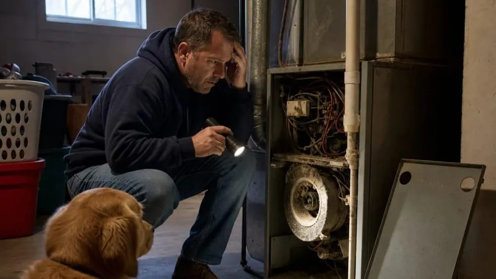 Worried homeowner crouching with a flashlight beside an open furnace showing a dusty blower assembly, as a golden retriever watches