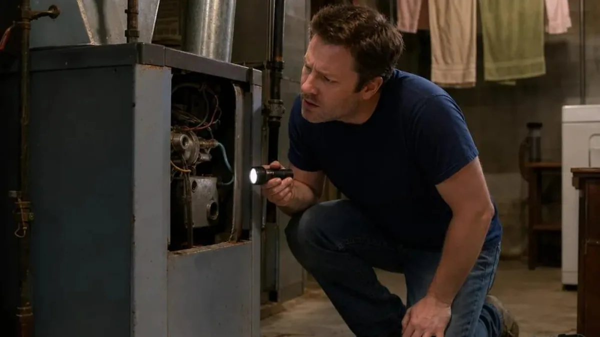 Homeowner kneeling in a basement, shining a flashlight into the open panel of an old rusted furnace