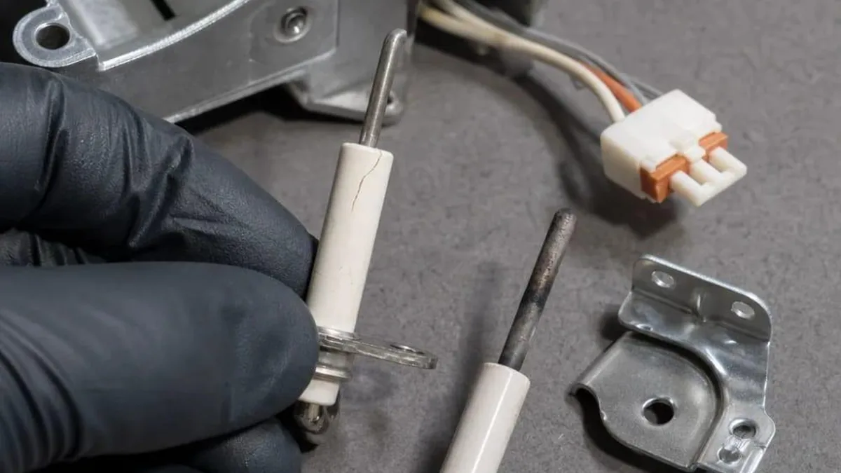 Gloved technician holding a cracked furnace igniter beside a replacement igniter, bracket, and screws