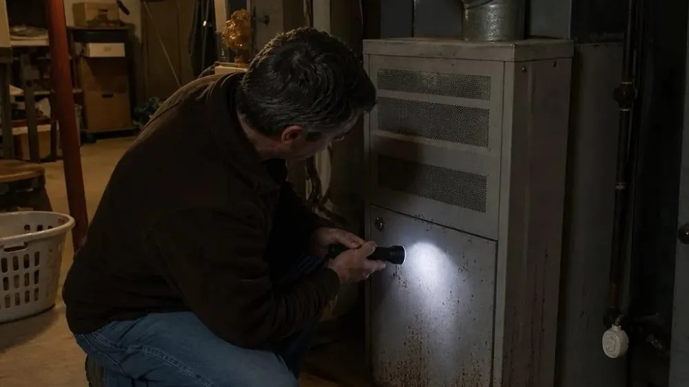 Homeowner crouching in an unfinished basement, shining a flashlight on the rust-streaked lower panel of an older furnace