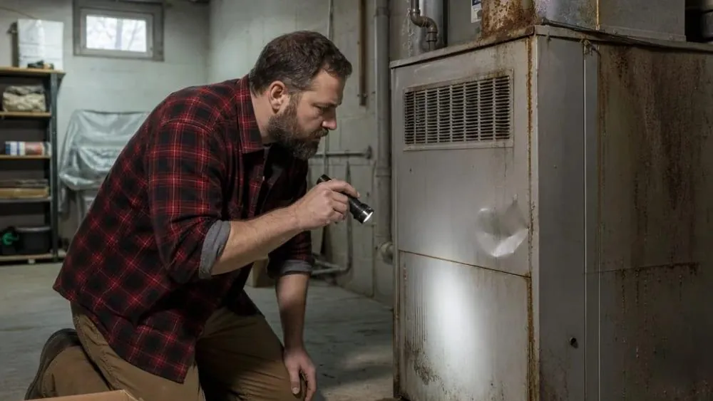 Homeowner kneeling in a basement, shining a flashlight on a dented, rust-stained older furnace beside a box of air filters