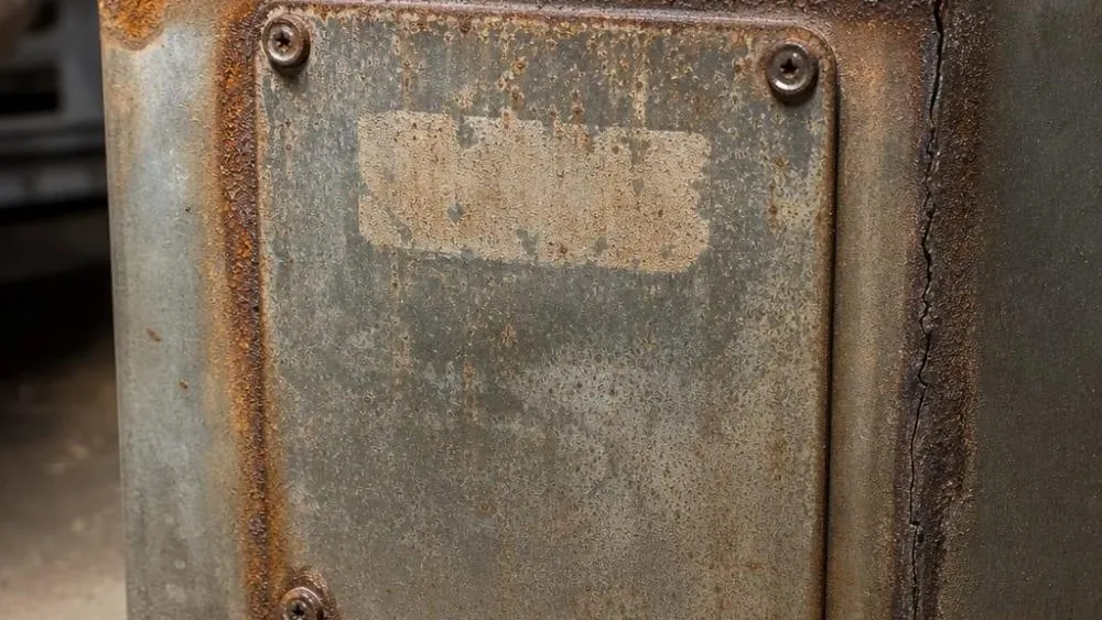 Close-up of the heavily rusted base of an old furnace cabinet, with a corroded access panel and a crack running down the corner seam