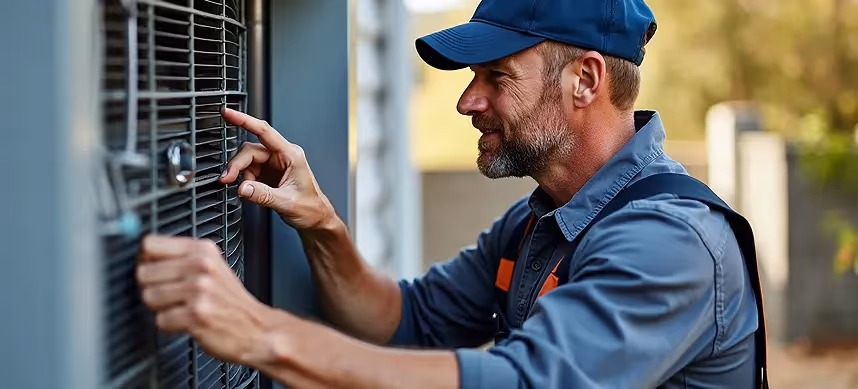 Technician cleaning the condenser coil fins on an outdoor air conditioning unit