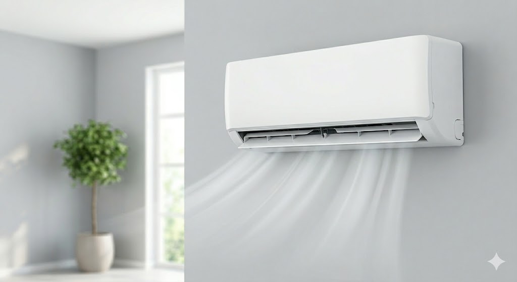 Wall-mounted ductless mini-split air handler running in a room